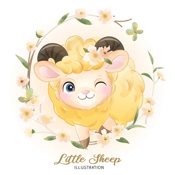 Mignon Petit Mouton Avec Illustration Aquarelle Florale — Image vectorielle