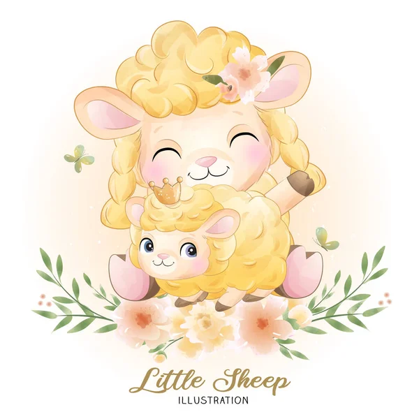 Aranyos Kis Bárány Virágos Akvarell Illusztráció — Stock Vector