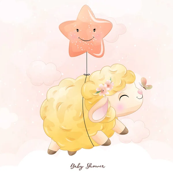 Cute Little Sheep Watercolor Illustration — Stock Vector