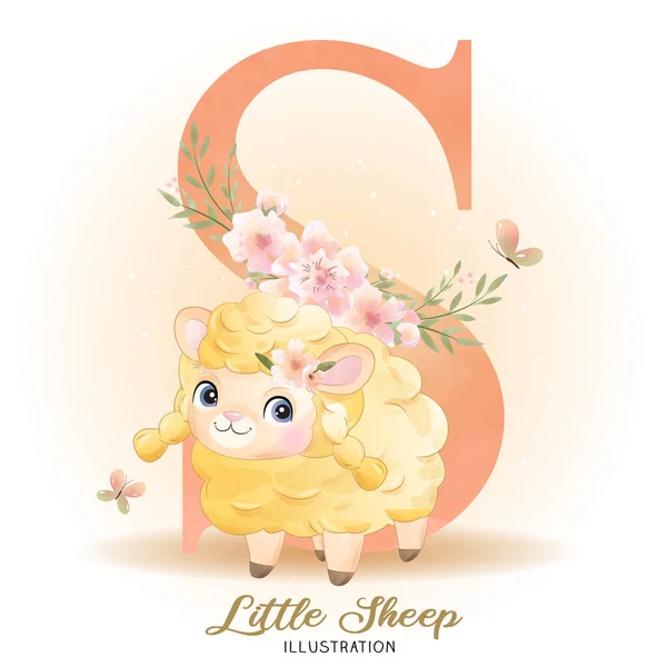 Cute Little Sheep Floral Watercolor Illustration — Stock Vector