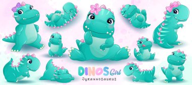 Suluboya resimli şirin küçük dinozor pozları