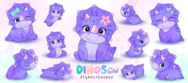 Suluboya resimli şirin küçük dinozor pozları