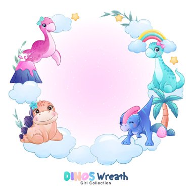 Suluboya resimli şirin bir dinozor çelengi.