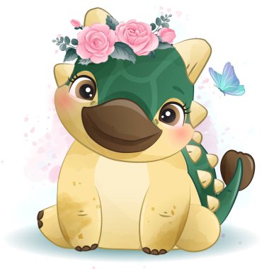 Suluboya resimli şirin bir dinozor.