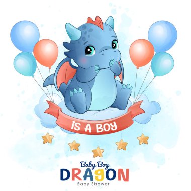 Cute little dragon with watercolor illustration clipart