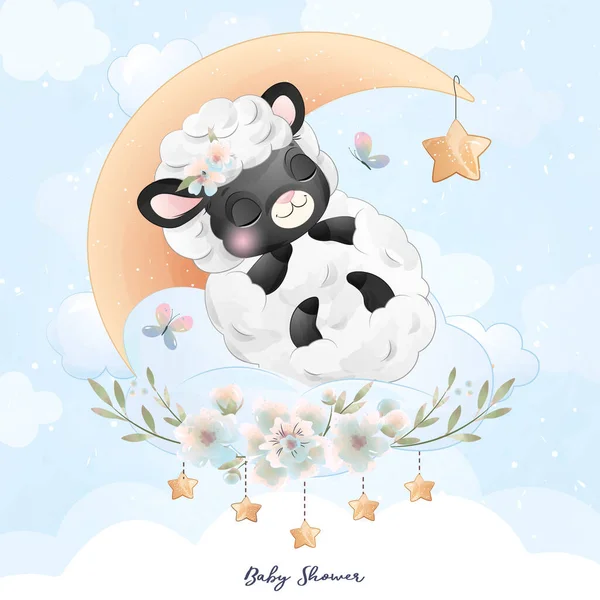 Little Sheep Watercolor Illustration — Stock Vector