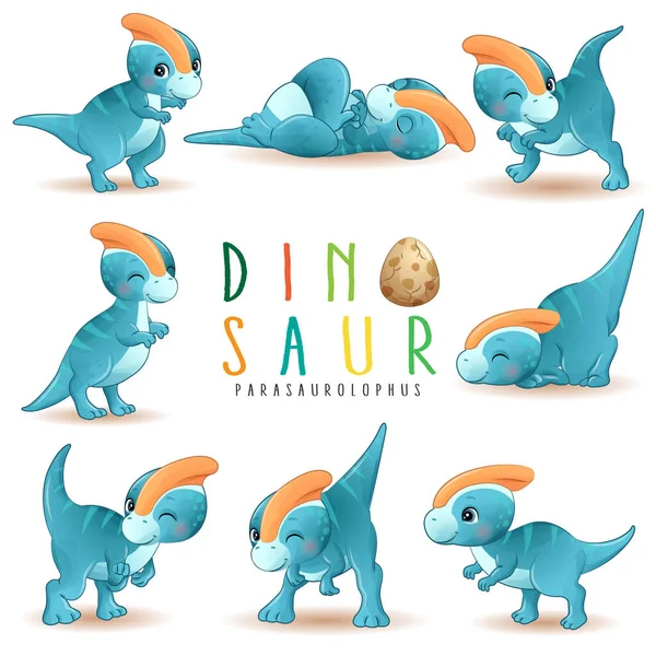 Милі Маленькі Пози Динозаврів Акварельними Ілюстраціями — стоковий вектор