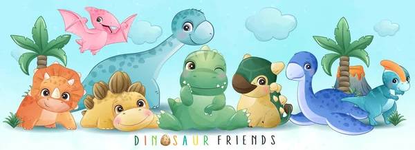 Schattige Kleine Dinosaurus Vrienden Met Aquarel Illustratie — Stockvector