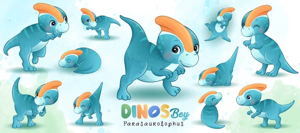 Niedlicher Kleiner Dinosaurier Posiert Mit Aquarell Illustration — Stockvektor