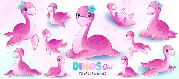 Pequeno Dinossauro Bonito Posa Com Ilustração Aquarela —  Vetores de Stock