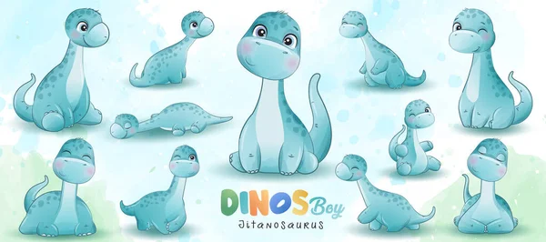 Lindo Dinosaurio Pequeño Posa Con Ilustración Acuarela — Vector de stock