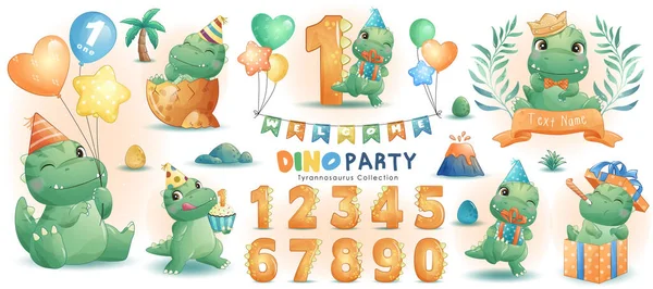 Carino Piccolo Dinosauro Festa Compleanno Con Illustrazione Acquerello Numerazione — Vettoriale Stock