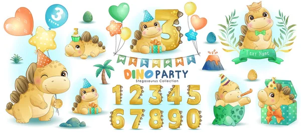 Cute Little Dinosaur Birthday Party Numbering Watercolor Illustration — Stock Vector