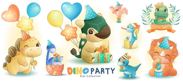 Cute Little Dinosaur Birthday Party Watercolor Illustration — Stock Vector