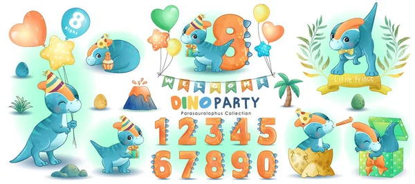 Cute Little Dinosaur Birthday Party Numbering Watercolor Illustration — Stock Vector