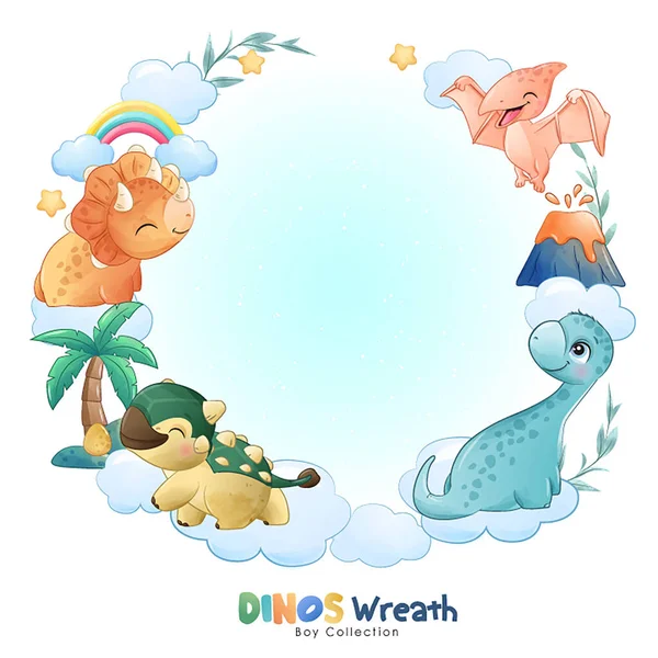 Cute Little Dinosaur Wreath Watercolor Illustration — Stock Vector