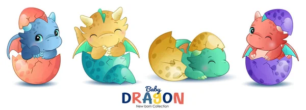 Pequeno Dragão Bonito Recém Nascido Com Ilustração Aquarela — Vetor de Stock