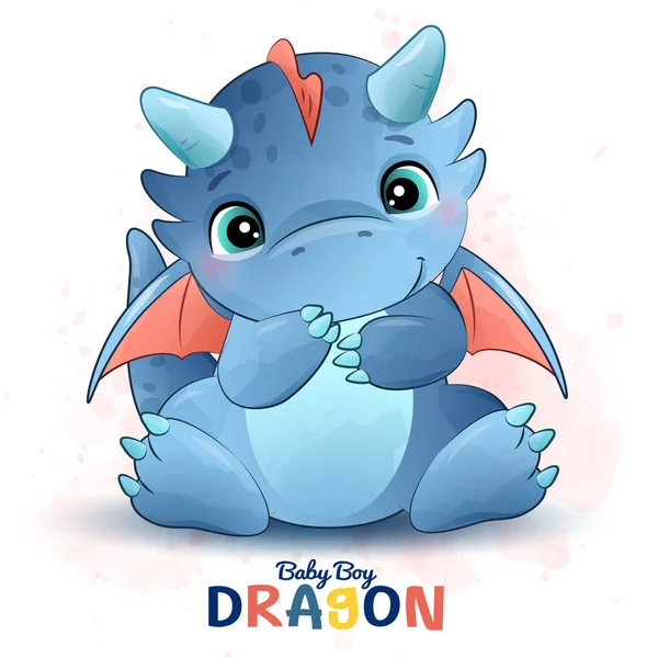 Cute Little Dragon Watercolor Illustration — Stock Vector