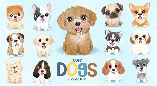 Carino Collezione Cani Doodle Con Illustrazione Acquerello — Vettoriale Stock
