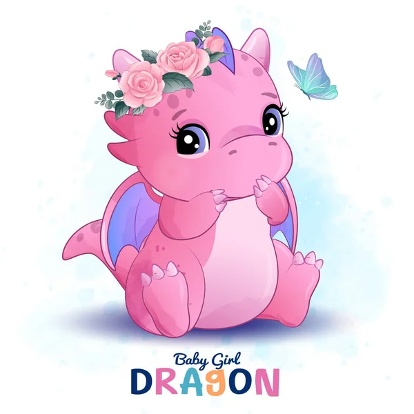 Cute Little Dragon Watercolor Illustration — Stock Vector