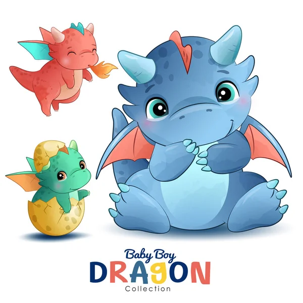 Cute Little Dragon Poses Watercolor Illustration — Stock Vector