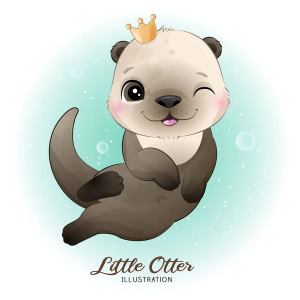 Litter Otter Mignon Avec Illustration Aquarelle — Image vectorielle
