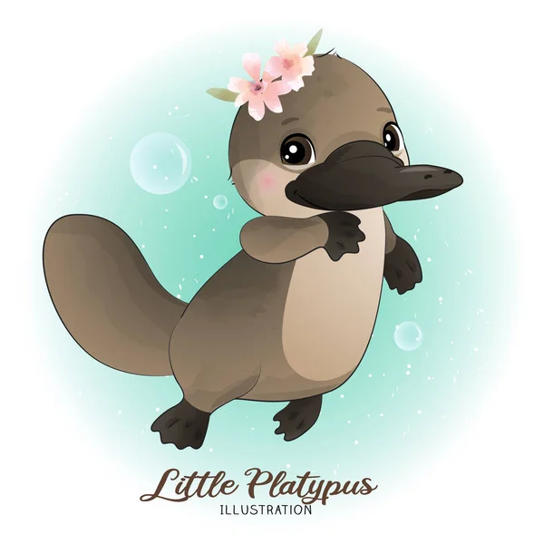 Platypus Ninhada Bonito Com Ilustração Aquarela — Vetor de Stock