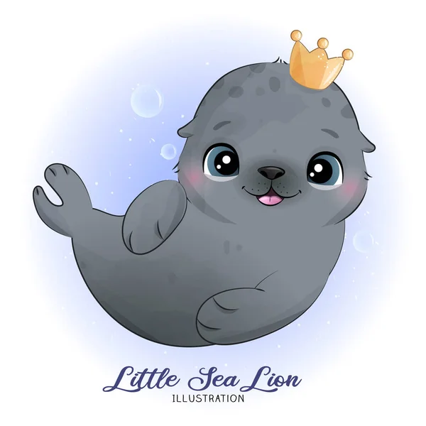 Schattige Kleine Zeeleeuw Met Aquarel Illustratie — Stockvector
