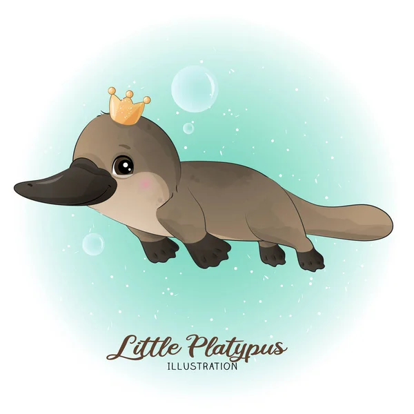 Cute Litter Platypus Watercolor Illustration — Stock Vector