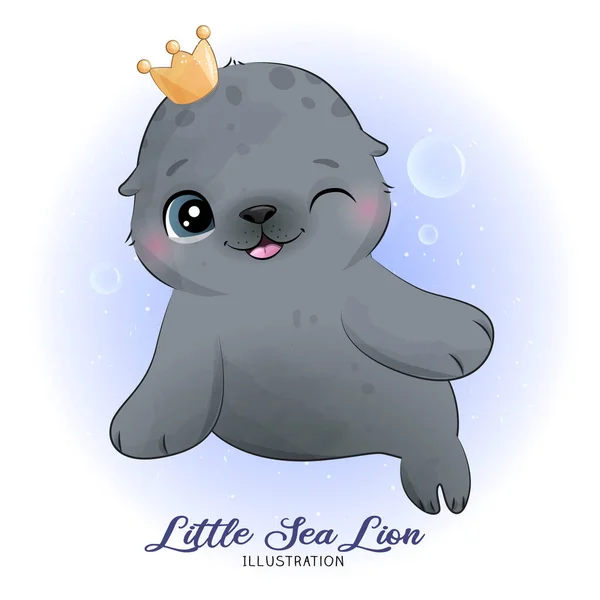 Cute Little Sea Lion Watercolor Illustration — Stock Vector