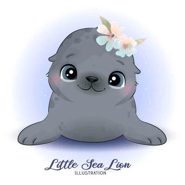 用水彩画画可爱的小海狮 — 图库矢量图片