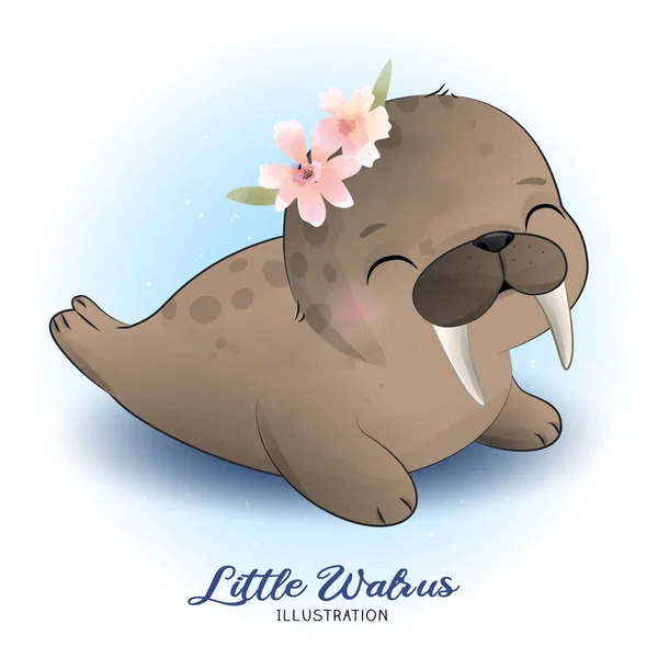 Schattige Kleine Walrus Met Aquarel Illustratie — Stockvector
