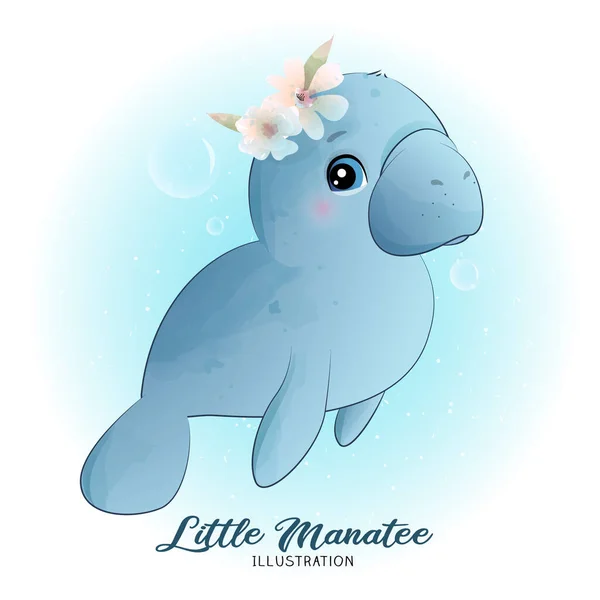 Schattige Kleine Lamantijnen Met Aquarel Illustratie — Stockvector