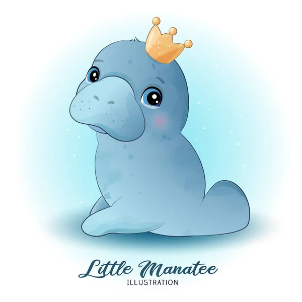 Schattige Kleine Lamantijnen Met Aquarel Illustratie — Stockvector