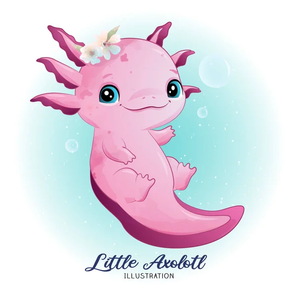 Carino Piccolo Axolotl Con Illustrazione Acquerello — Vettoriale Stock