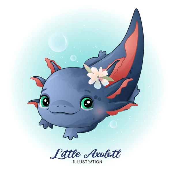 Söt Liten Axolotl Med Akvarell Illustration — Stock vektor