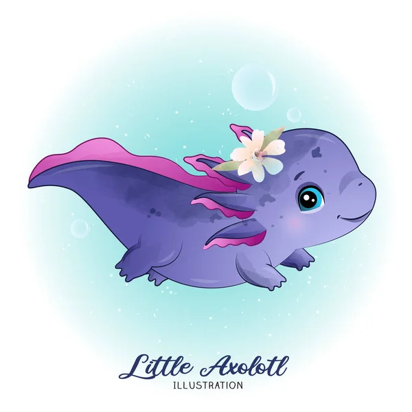 Leuke Kleine Axolotl Met Aquarel Illustratie — Stockvector