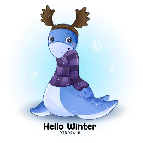 Doodle Dinosaur Winter Collectie Met Aquarel Illustratie — Stockvector
