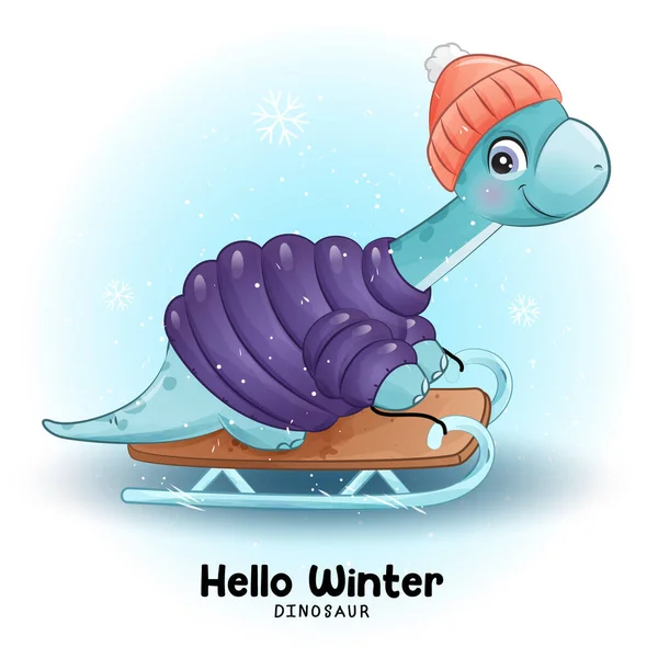 Doodle Dinosaur Winter Collectie Met Aquarel Illustratie — Stockvector