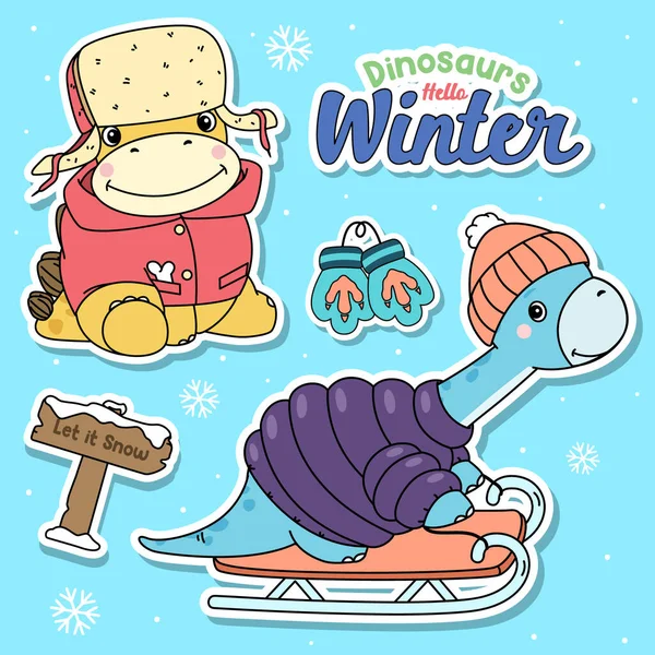 Doodle Dinosaur Winter Collectie Illustratie — Stockvector