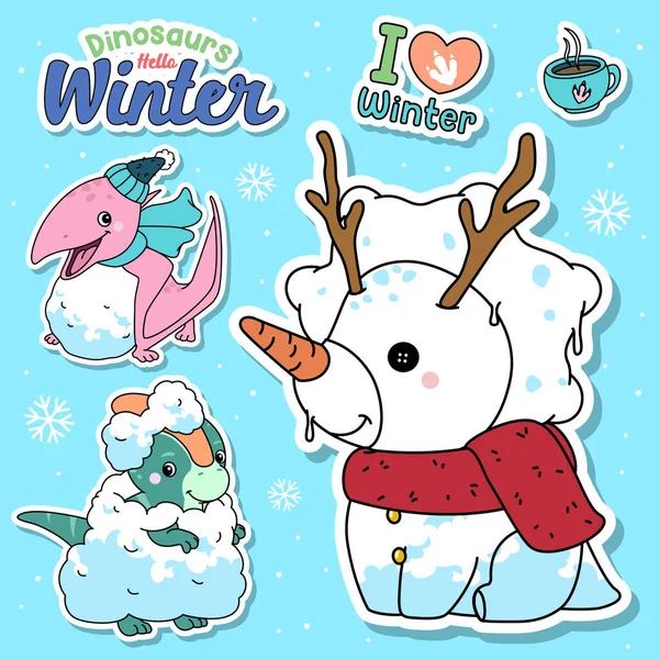 Doodle Dinosaur Winter Collectie Illustratie — Stockvector