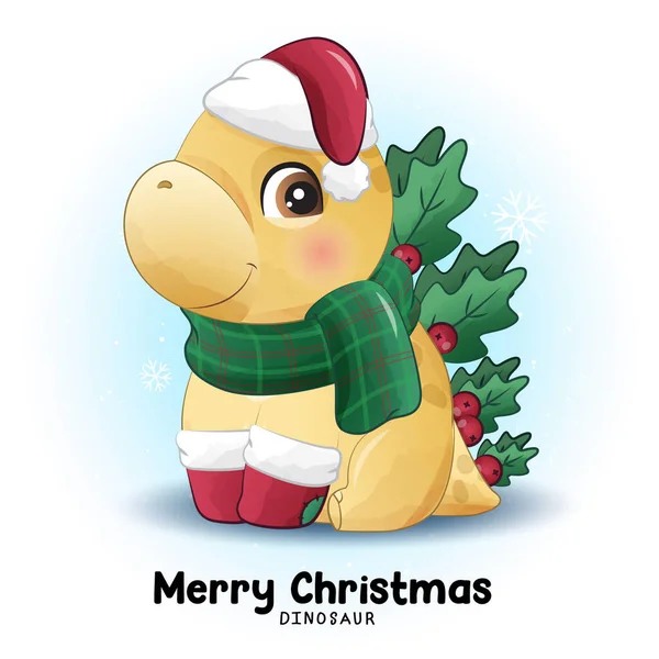 Doodle Dinosauro Natale Con Acquerello Illustrazione — Vettoriale Stock