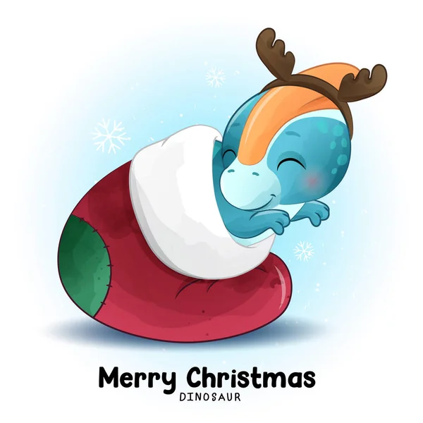 Sulu Boyalı Resimli Doodle Dinozor Noel — Stok Vektör