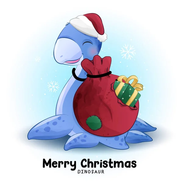 Doodle Dinosaur Kerstmis Met Aquarel Illustratie — Stockvector