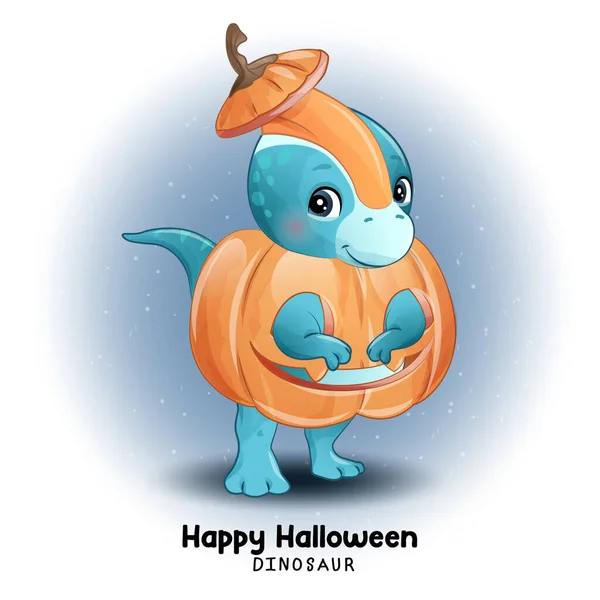 Doodle Dinossauro Halloween Com Ilustração Aquarela — Vetor de Stock