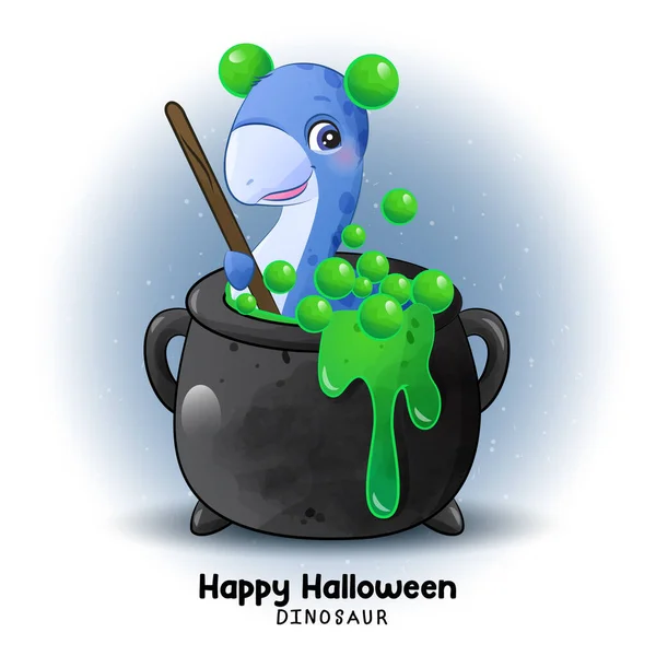 Doodle Dinosaurus Halloween Met Aquarel Illustratie — Stockvector