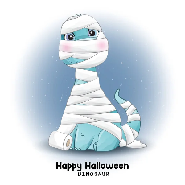 Dinosauro Doodle Halloween Con Illustrazione Acquerello — Vettoriale Stock