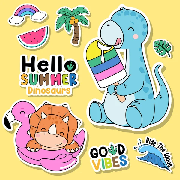Doodle Dinosaurs Summer Illustration Collection — Stock Vector