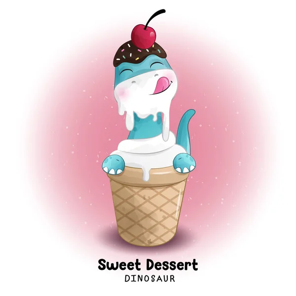 Doodle Dinosaurie Söt Dessert Med Akvarell Illustration — Stock vektor