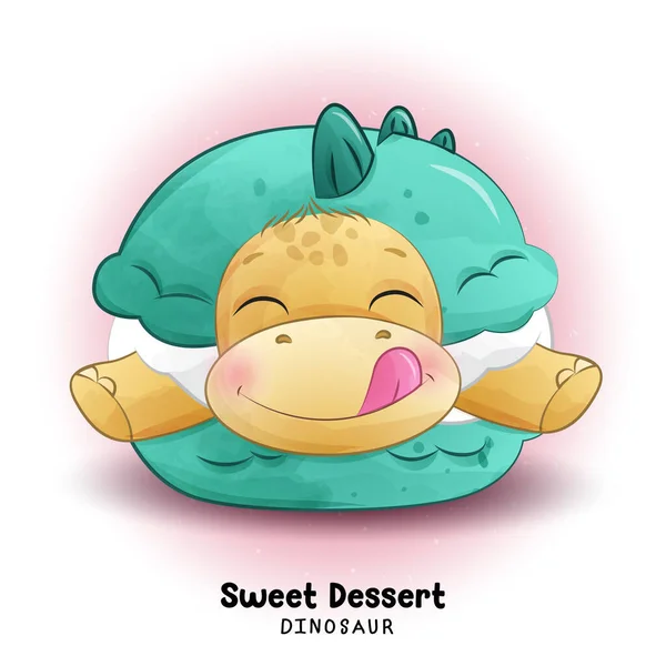 Doodle Dinosaur Sweet Dessert Watercolor Illustration — Stock Vector